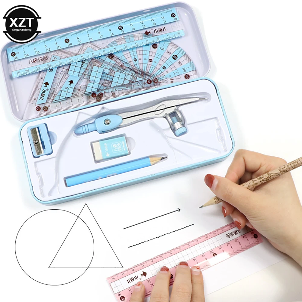 8Pcs/Set Kawaii Ruler Compass Pencil Set Geometry Maths Student Drawing Stationery Mathematical for Boy Girl Gift School Supply