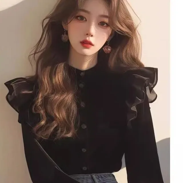 

Hebe Sle Bla Velvet irt Women Early Autumn New Unique Beautiful Ele irt Cleanfit Button Design Polyester Fiber