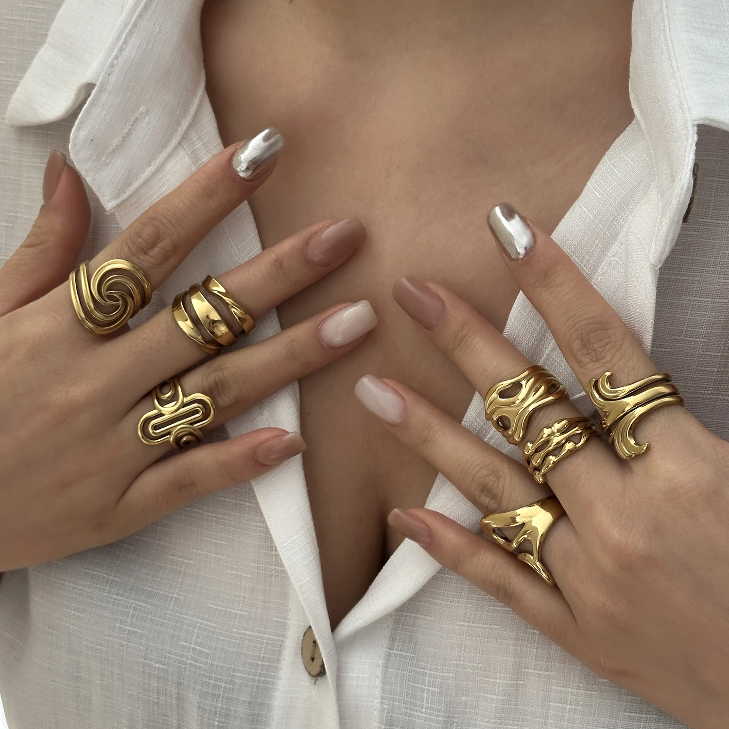 Stainless Steel Multilayer Wave Ring for Women Men Gold Plated Chunky Irregular Geometric Spiral Finger Ring Party Jewelry Gift view 2