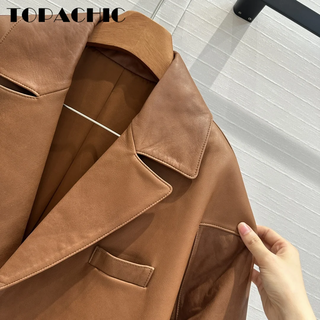 7.13 TOPACHIC Women Vintage Sheepskin Brown Blazer Single Button Spliced Long Sleeve Loose Genuine Leather Mid-Leng Jacket