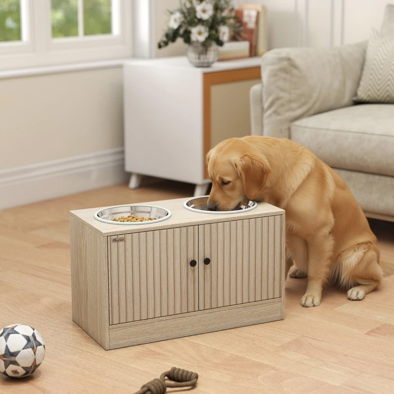 Station d'alimentation surélevée pour chien avec 2 bols en acier inoxydable, armoire de rangement de 40 L pour grands chiens, tapis de distribution lente et anneau antidérapant, accessoires en bois pour station d'alimentation pour animaux de compagnie