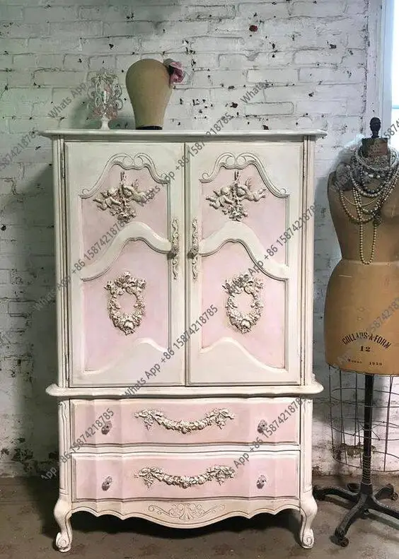 

American country carved solid wood wardrobe French retro old locker bedroom children's double door wardrobe furniture