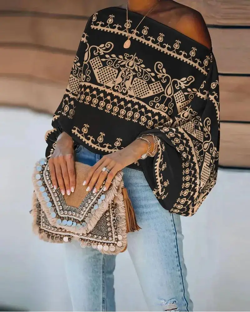 Elegant Women Off Shoulder Blouse Spring New Long Sleeve Office Shirts Tops Summer Fashion Boho Print Loose White Pullover Shirt