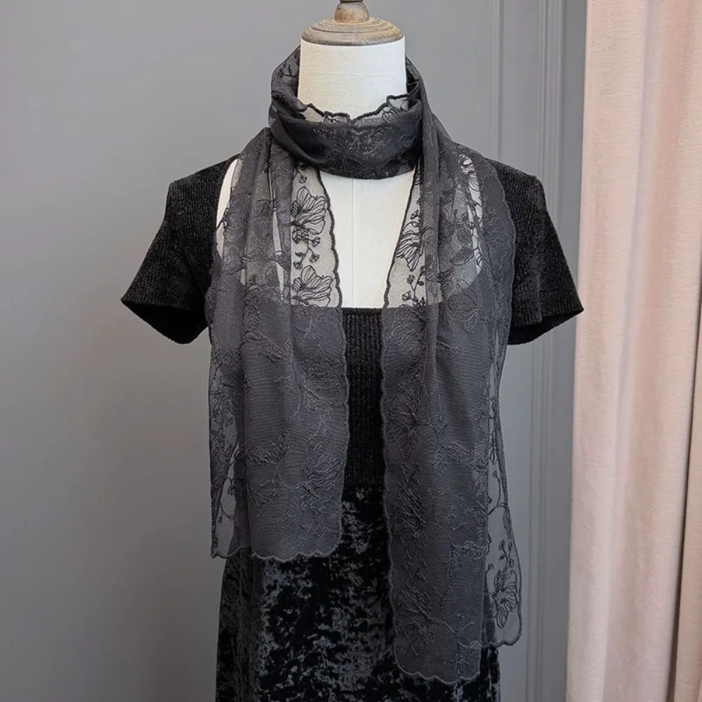 

Casual Retro Women's Lace Scarf Long Solid Color Female Headscarf Korean Version Embroidered Flower Sunscreen Shawl