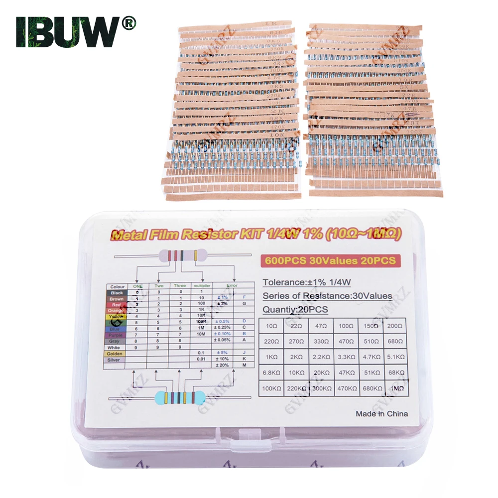 600PCS 30Values 1/4W Metal Film Resistor Assortment Kit - 20PCS Each, Boxed for Electronics DIY, Repair & Projects