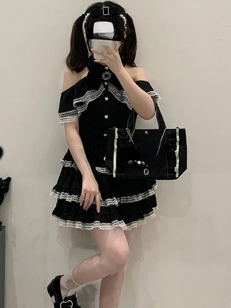 Japanese Kawaii Mini Cake Skirt Womens Black Casual Elegant Lolita Sexy High Waist Lace Y2k Aesthetic Sweet Gothic Faldas