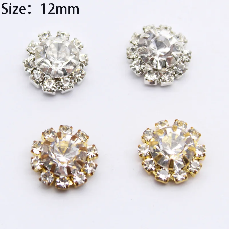 Fashion 20pcs Wholesale Gold Silver Round Flatback 12mm Rhinestones DIY Hair Diamond Button Shiny Wedding Accessories