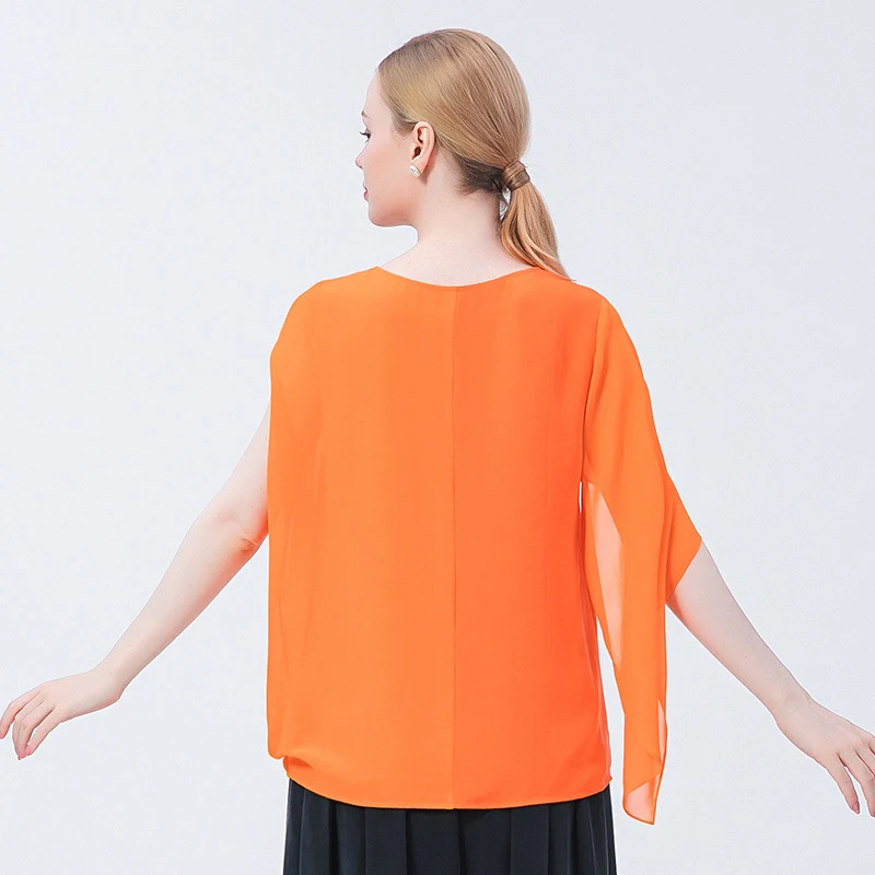 Silk Orange O-Neck Butterfly Short Sleeve Woman Tshirts Asymmetrical Design Georgette Fashion T-shirt High Quality Tops BE737