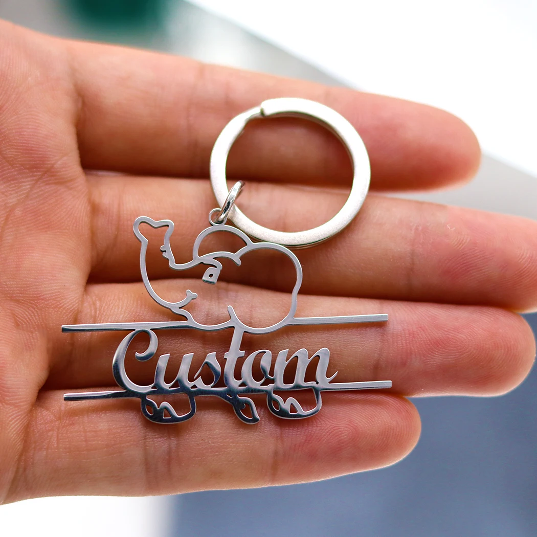 QIAMNI Personalized Elephant Keychain Stainless Steel Custom Name Birthday Date Keyring Customized Number Keyholder Jewelry