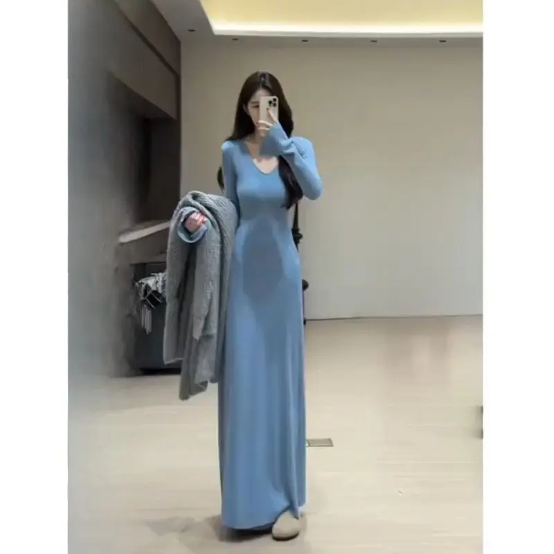 Autumn Winter New Fashion Long Sleeve V-neck Solid Women\'s Clothing Slim All-match Korean Temperament Casual Trend Chic Dresses