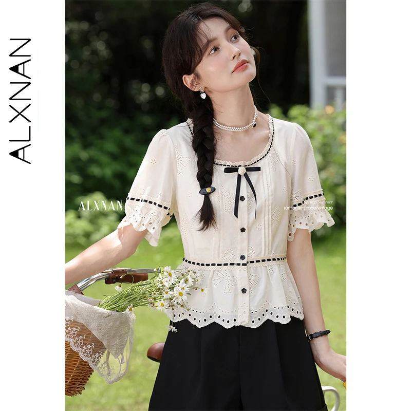 

ALXNAN Women's Shirt White Lace Collar Lace Hollow Design Shirts 2025 Summer Casual Loose-fit Short Sleeve Tops Ladies L56238