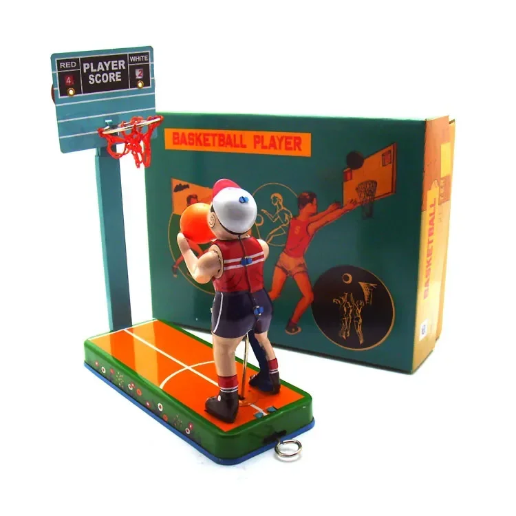 

[Fun] Adult Collection Retro Wind up toy Metal Tin Basketball player shooting basketball stand Clockwork toy figures model gift