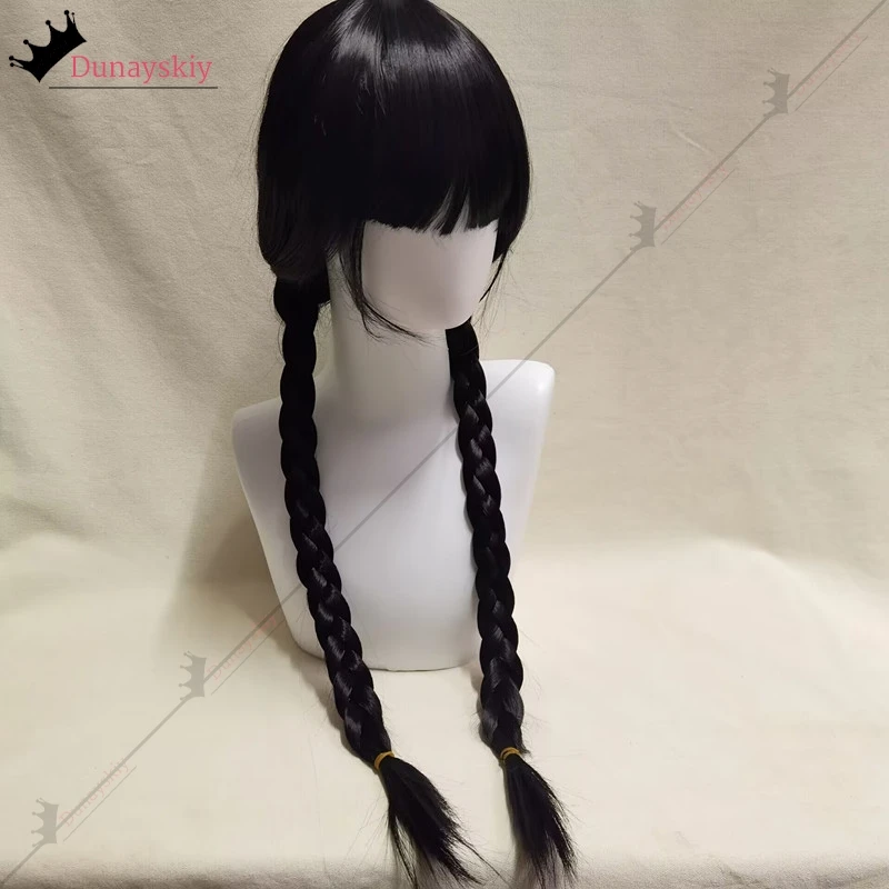 Wednesday-Addams Cosplay Wig Heat Resistant Long Black Double Braids Silky Straight Synthetic WIG with Bangs For Halloween Party