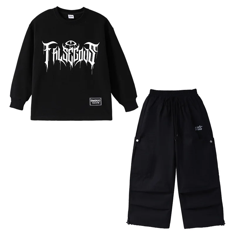 キッズK-POPヒップホップ服、黒白レタースウェットシャツトップス、カジュアルパラシュートカーゴパンツ、女の子男の子ダンスウェアコスチューム服