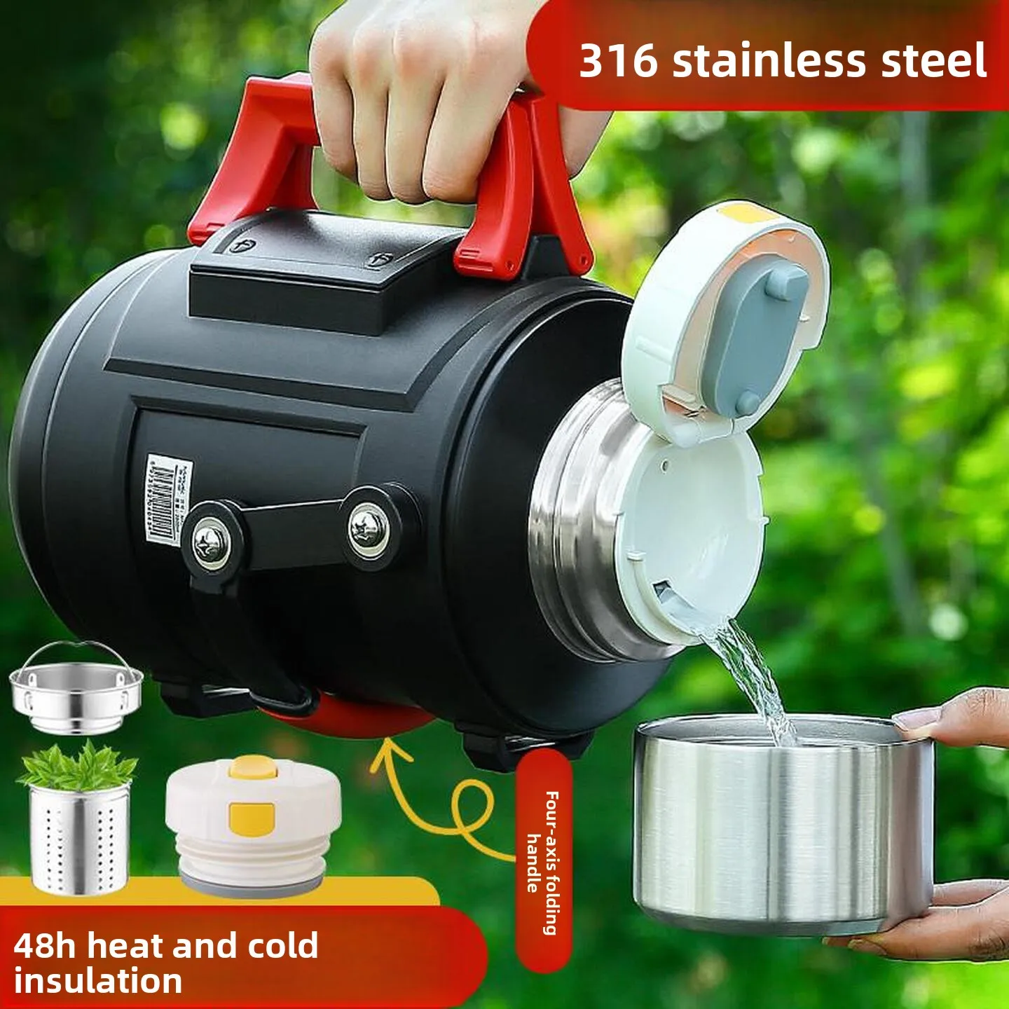 4L 316 Stainless Steel Insulated Flask 72H Thermal Water Jug with Carry Strap Leakproof Seal Scratch Resistant Coating Outdoors