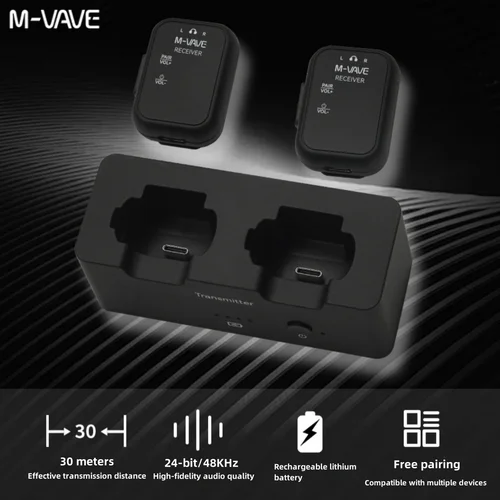 M-VAVE WP-12 Sistema de monitoreo intrauditivo inalámbrico de 2,4 GHz: 1 transmisor + 2 receptores con latencia ultrabaja de 3 ms, reproducción de 24 horas