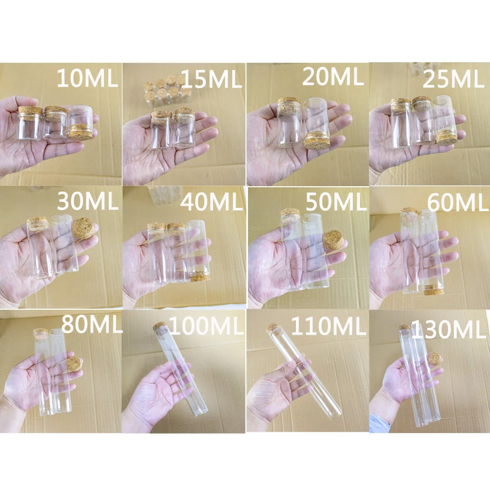 10ml/15ml/20ml/25ml/30ml/40ml/50ml/60ml/80ml/100ml/110ml Small Glass Test Tube with Cork Stopper Bottles Jars Vials 24 Pieces