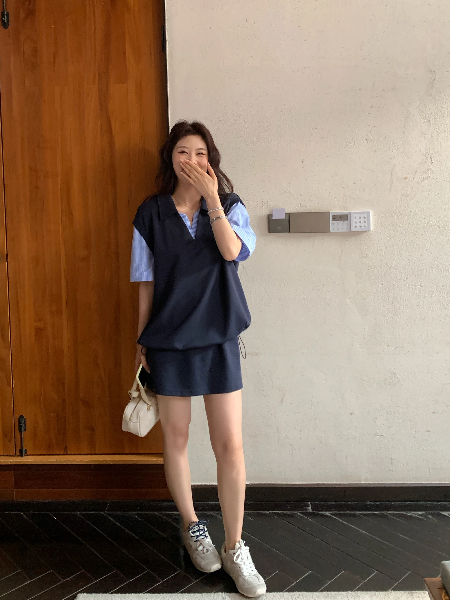 Letni zestaw NAZ w dużych rozmiarach, jedwabno-bawełniany, w paski, patchworkowy top i krótka spódnica z wysokim stanem, koreański styl, swobodny, wygodny.