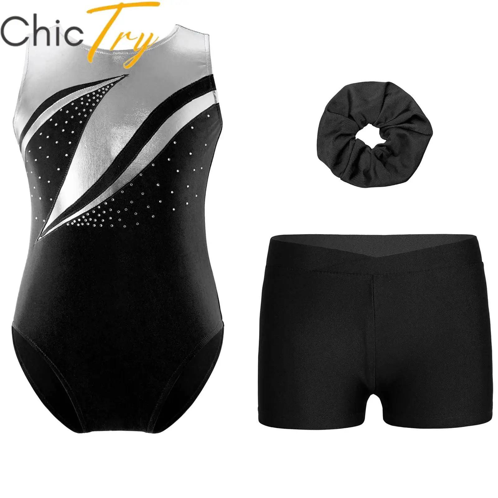 

Kids Girls Ballet Dance Sets Sports Trackauit Gymnastics Workout Outfits Metallic Rhinestones Leotard with Shorts and Hairband