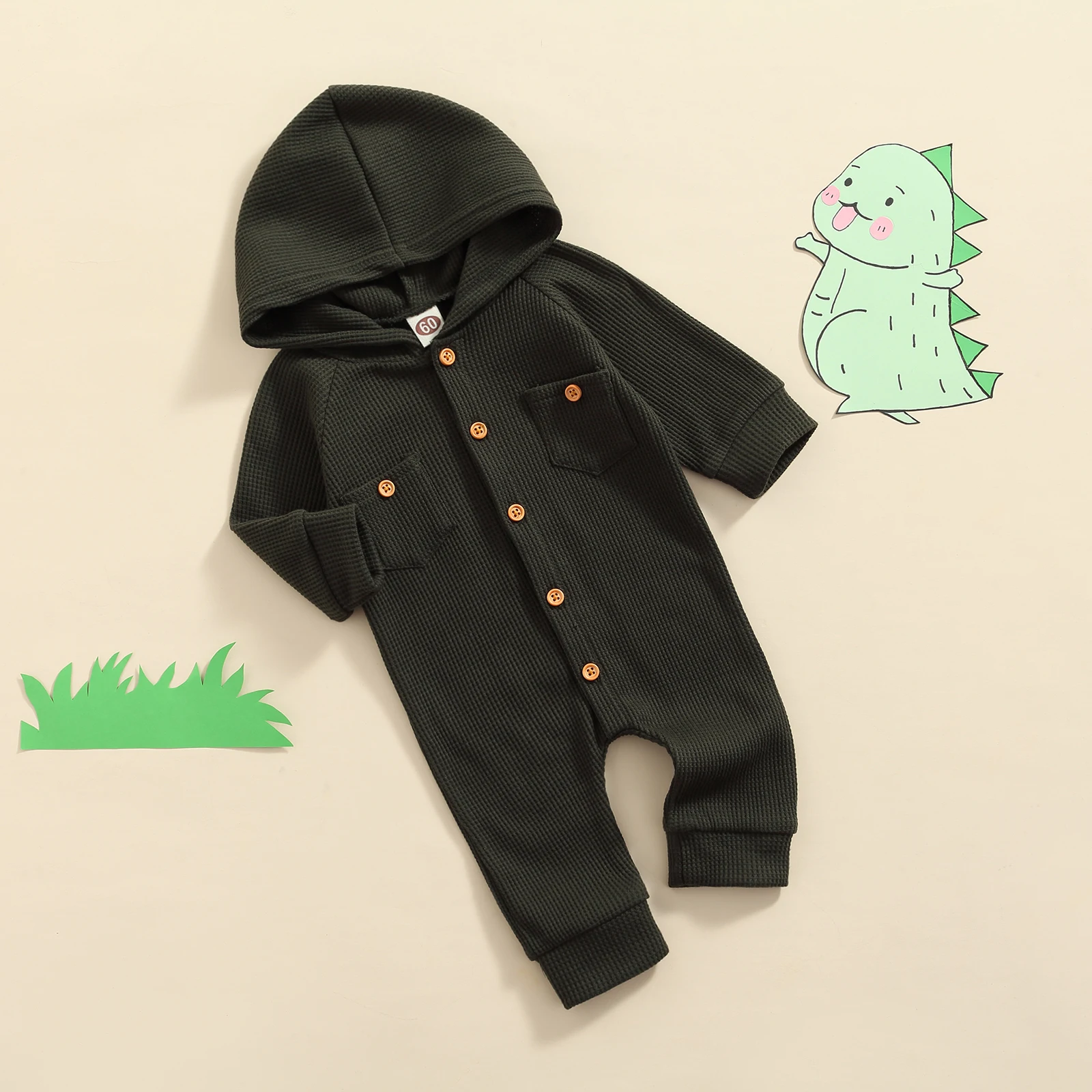 

Infant Cozy Fleece Hooded Baby Stylish Solid Color Playsuit with Handy Pockets and Long Sleeves