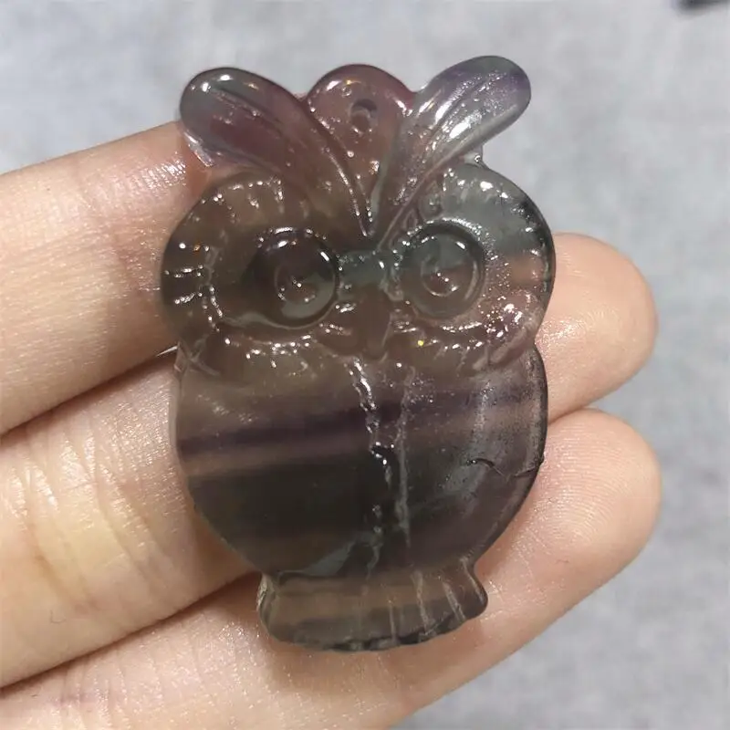 Natural Rainbow Fluorite Owl Pendant Hand Carved Quartz Gemstone Nighthawk Necklace Healing Crystal Stone Charms Jewelry Gift