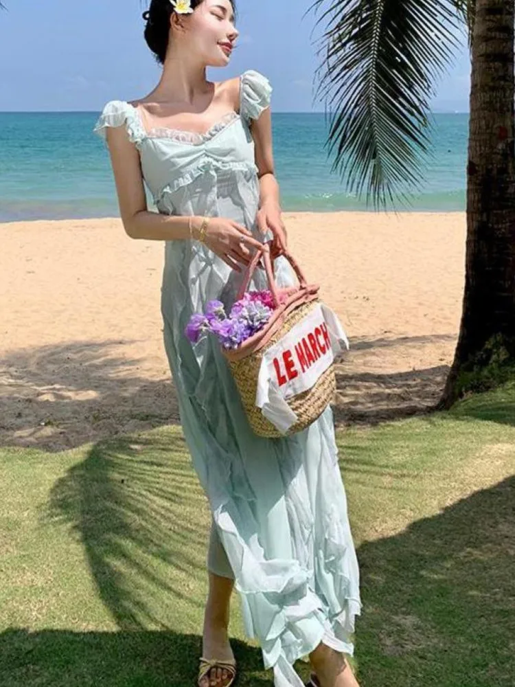 Vestido de verano largo con volantes para mujer, con espalda descubierta traje Sexy, sin mangas, estilo bohemio, 2023