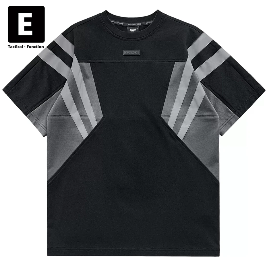 

Black Techwear T-shirt Hip Hop Streetwear Reflective Stripe Patchwork Cargo Tshirt Men Summer Short Sleeve Tops Tees Male