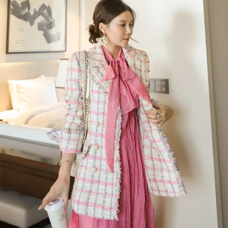 

High Quality Nice Winter Women Pink Plaid Tweed Tassel Jacket Coat OL Double Breasted Long Sleeve Outerwea Casaco Feminino