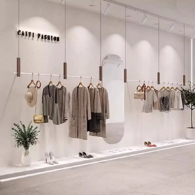 Clothing store display rack stainless steel hanger hanger wood grain color brick and mortar store decoration wedding dress