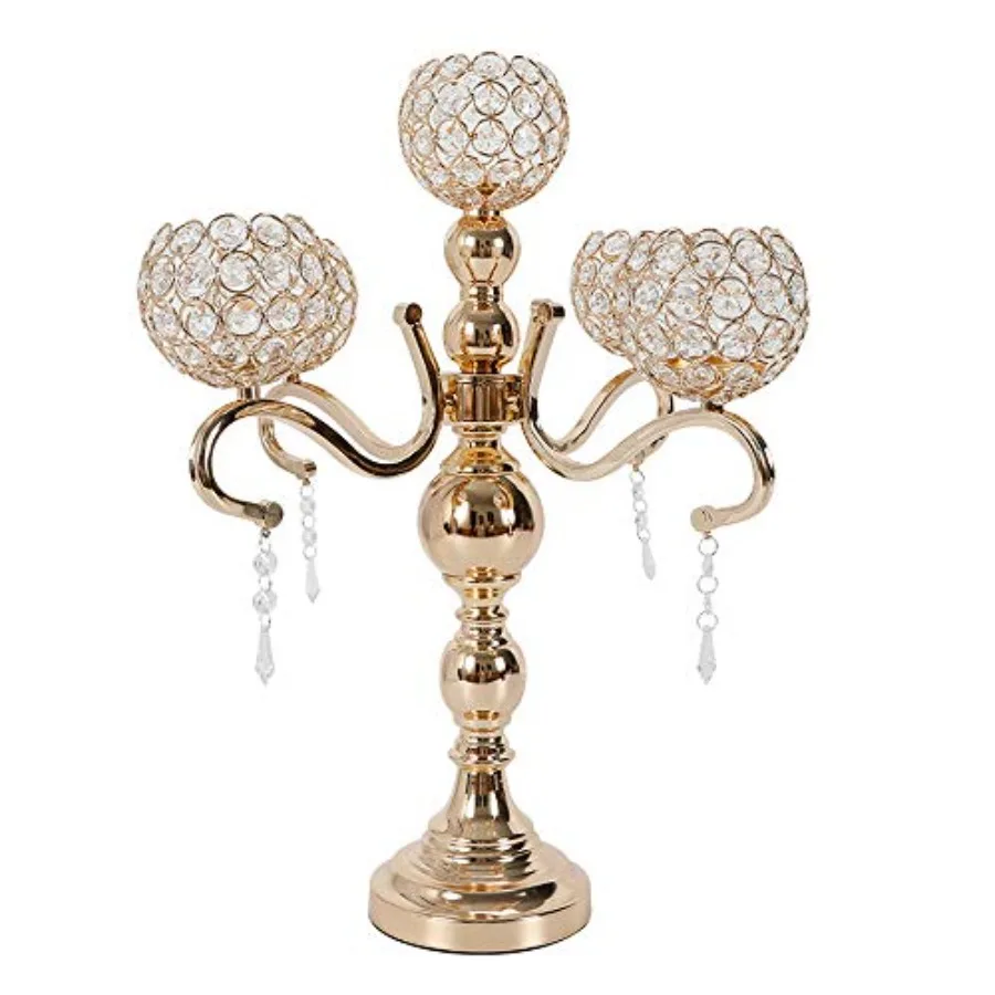 5 Arms Candle Holder for Wedding and Dinner Table Decor, Gold Metal with Crystal Drops, Modern Bowl Ball Design, Gold