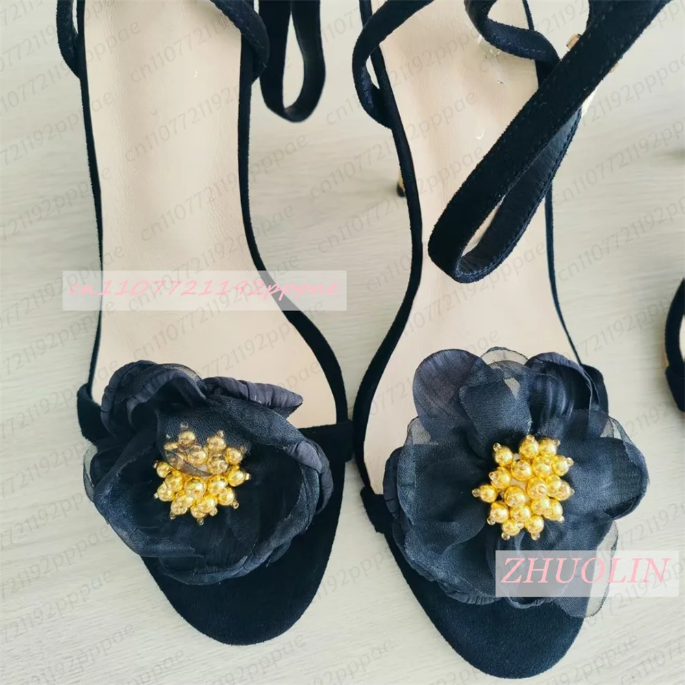 Women Black Tulle Flower Stiletto Sandals Open Toe Gold Heel Ankle Strap Suede Gold Charm Elegant Sexy Wedding Bride Party Shoes - view 3