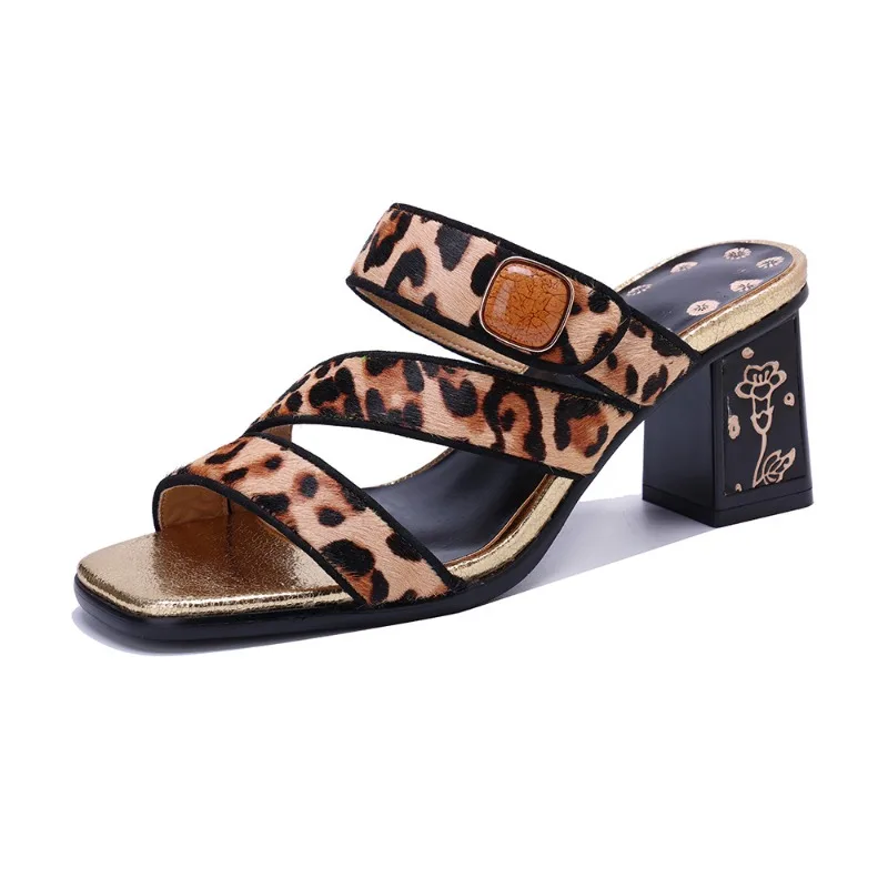 

Кожаные ботильоны из конского волоса 6,5 см, летние женские мокасины, тапочки на массивном каблуке с открытым носком, модная обувь большого размера