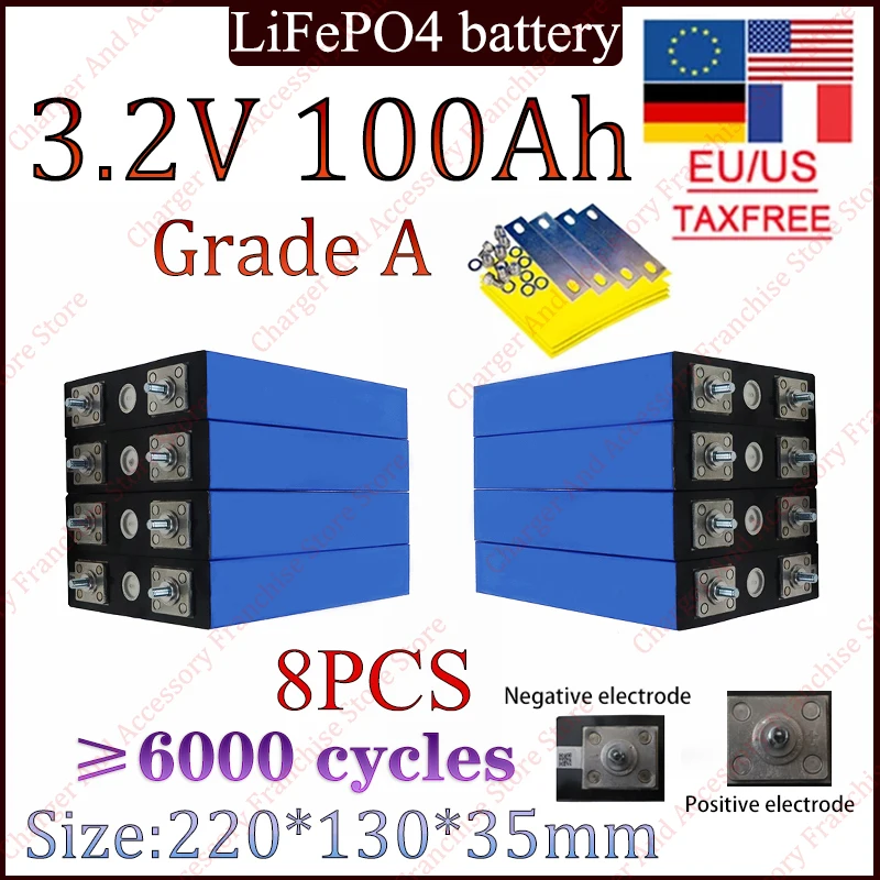 8PCS Grade A 3.2V 100Ah Lifepo4 Rechargeable Battery 6000 Cycles for DIY 12V 24V 48V Solar Energy Storage High Quality Battery