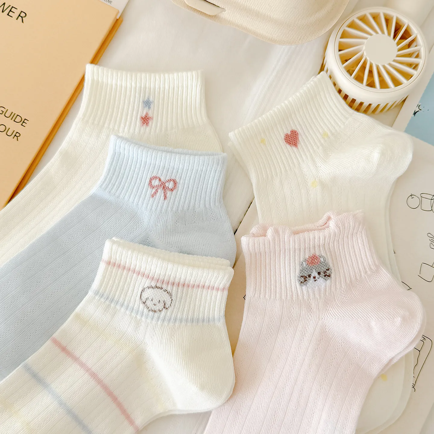 Blue White Pink Summer Thin Women's Socks Breathable Cute Sporty Style Air Conditioned Cotton Cartoon Short Socks New Model