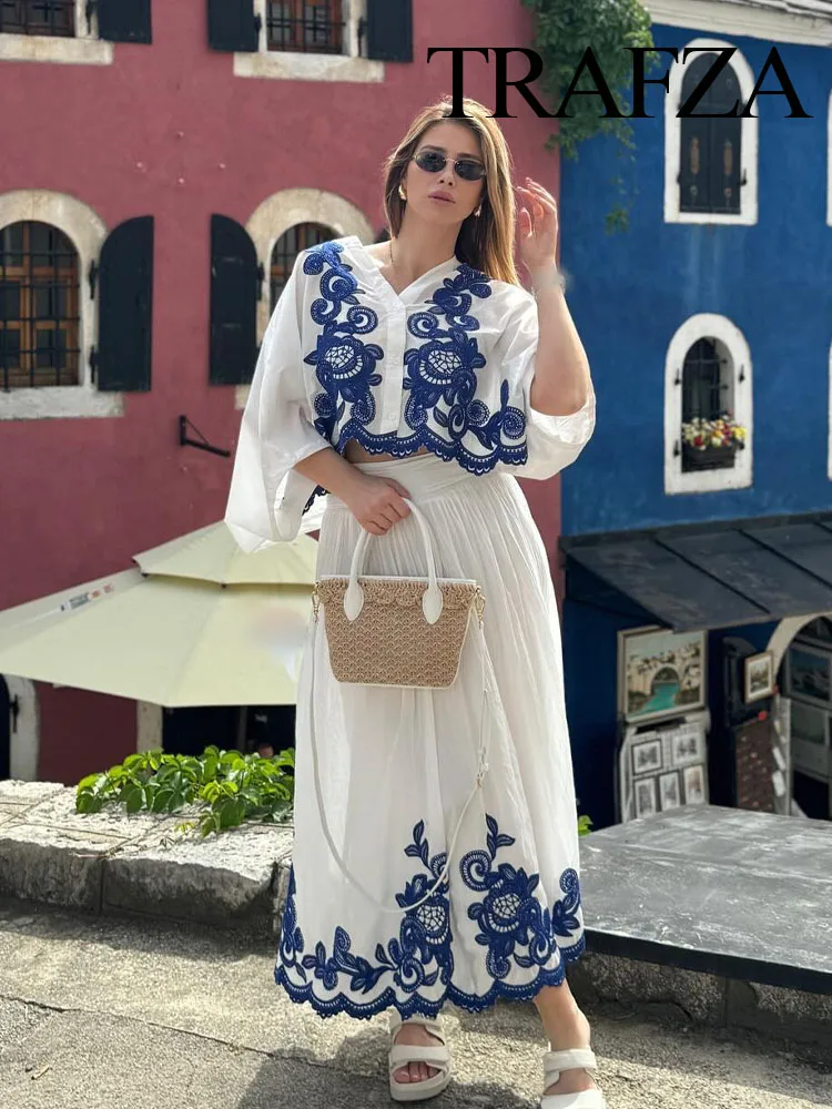 TRAFZA Women 2 Piece Set Blue Embroidery Single-Breasted Decoration Casual Shirt Top+Elegant Folds High Waist Midi Skirt TRAF