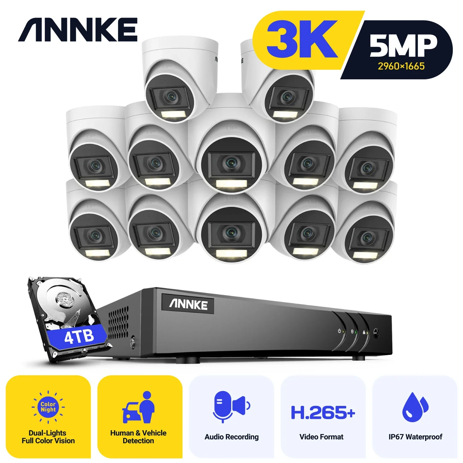 ANNKE 16CH 5MP Lite Security Camera System H.265+ DVR Surveillance 12pcs 5MP PIR Outdoor Cameras IP67 Weatherproof Security Kit