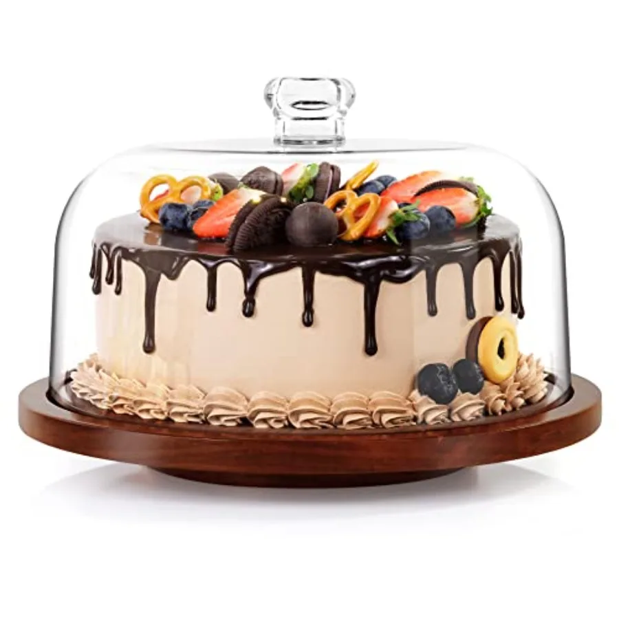 

Cake Stand with Acrylic Dome Rotating Cake Plate Acacia Wood Cake Stand with Acrylic Lid Cake Decorating Turntable for Baking G