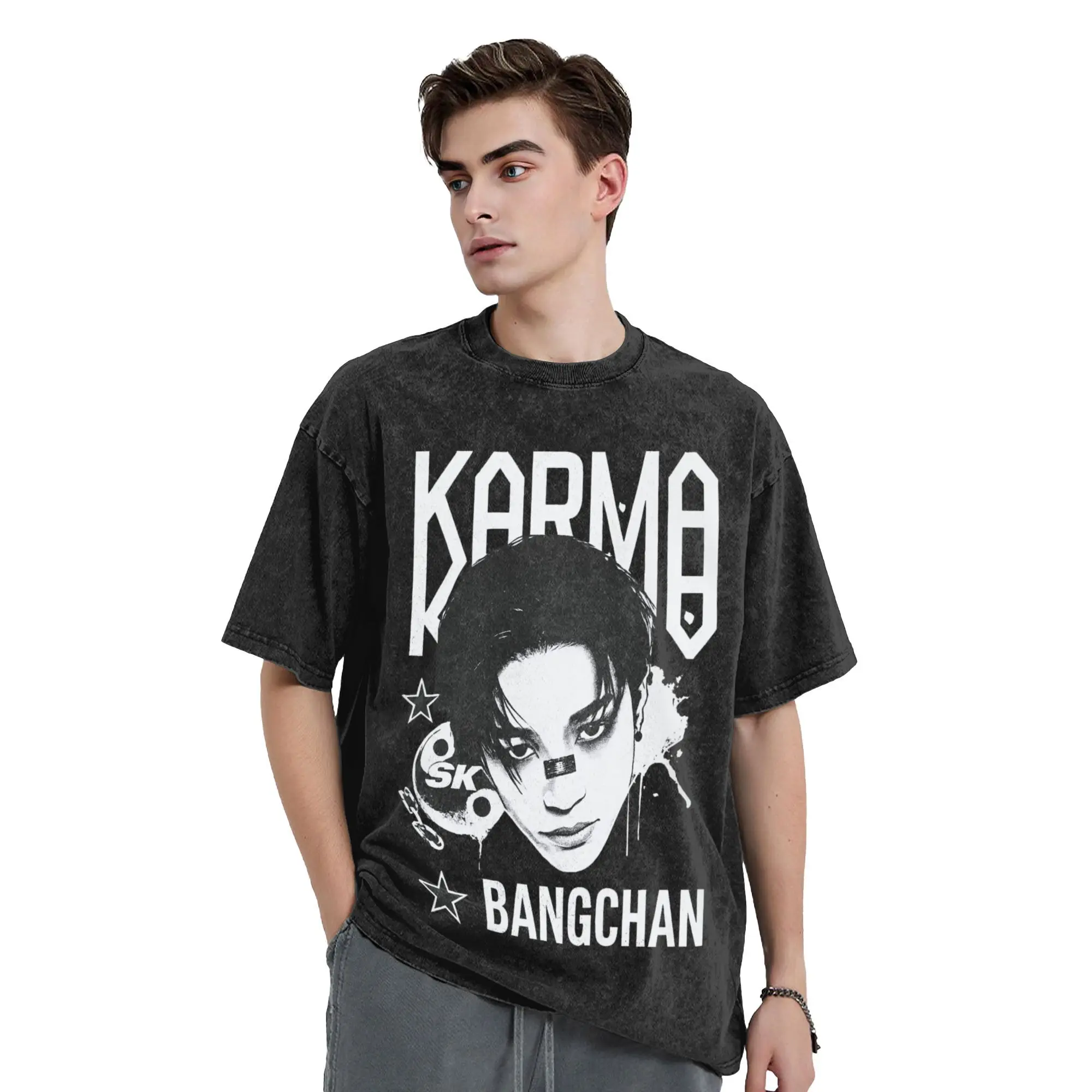 كارما تي شيرت تشانغبين هيونجين فيليكس هاراجوكو تي شيرت قصير الأكمام الشارع الشهير التي شيرت الشاطئ القطن Crewneck المتضخم تي شيرت