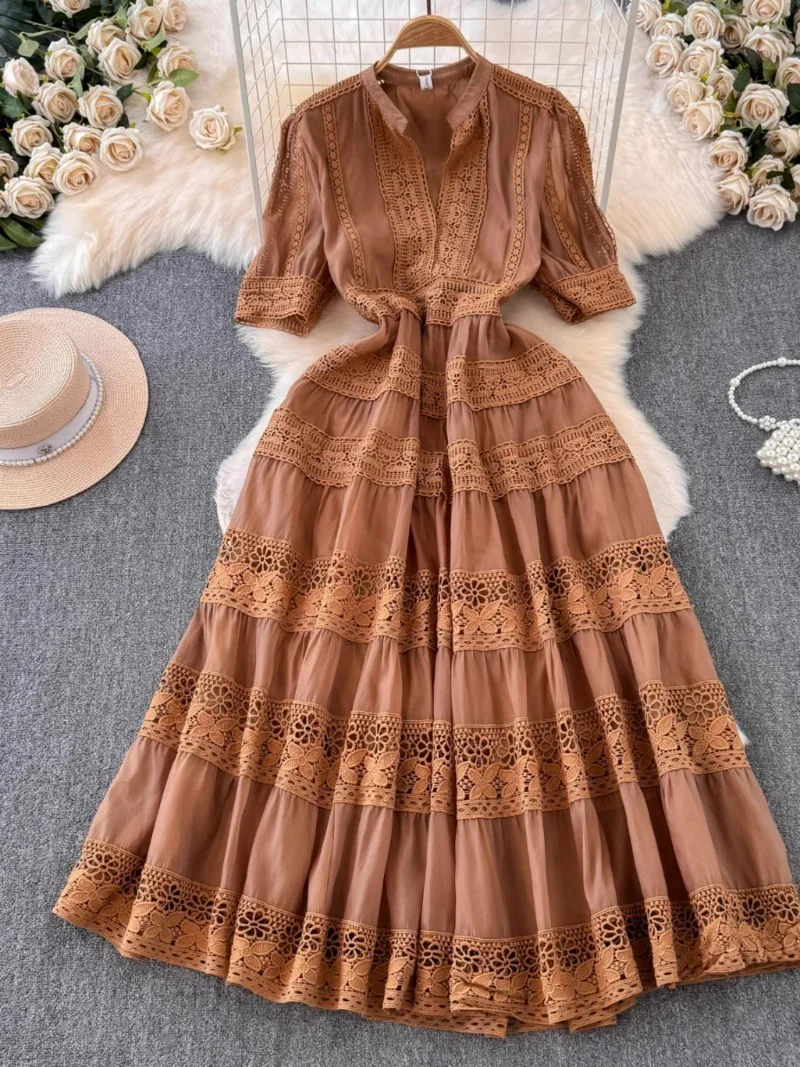 New Casual French Elegant Lace Embroidery Prom Long Dress Women's V Neck Puff Sleeve Summer High Waist Hollow Out Dresses