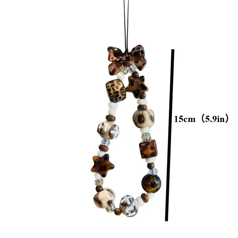 Leopard Print Star Beaded Phone Charm Handmade Retro Brown Bow Bracelet Strap Aesthetic Wild Style Phone Chain For Women