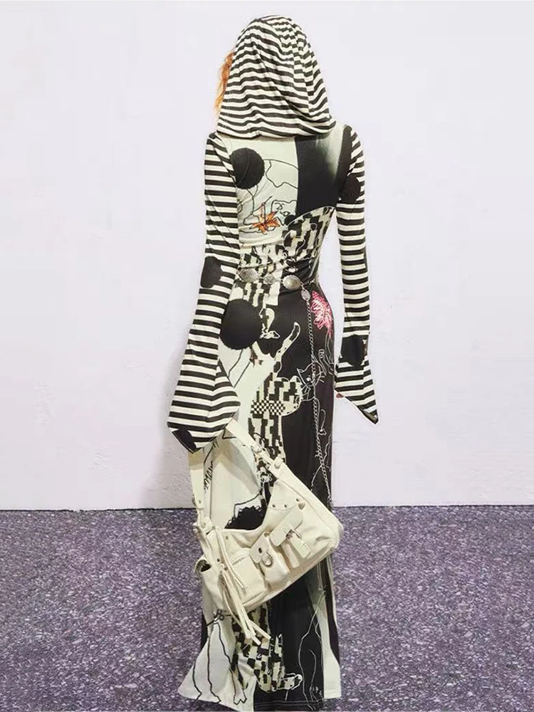 Y2K القوطية الشرير طباعة فستان بقلنسوة موضة الشارع الشهير سليم منتصف طول فستان هودي الأمريكية مخطط المرقعة Bodycon Vestidos