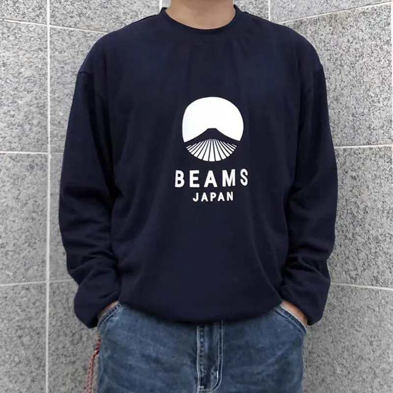 

Свободная футболка с длинным рукавом в японском стиле с принтом горы Фудзи и красной веревкой, молодежная модная осенняя одежда, удобная футболка с круглым вырезом