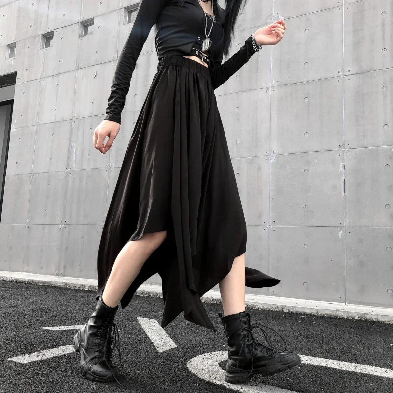 Harajuku Skirt Dark Black Irregular High Waist Goth Gothic Black Long Vintage Korean Skirt Punk Style Women Clothing