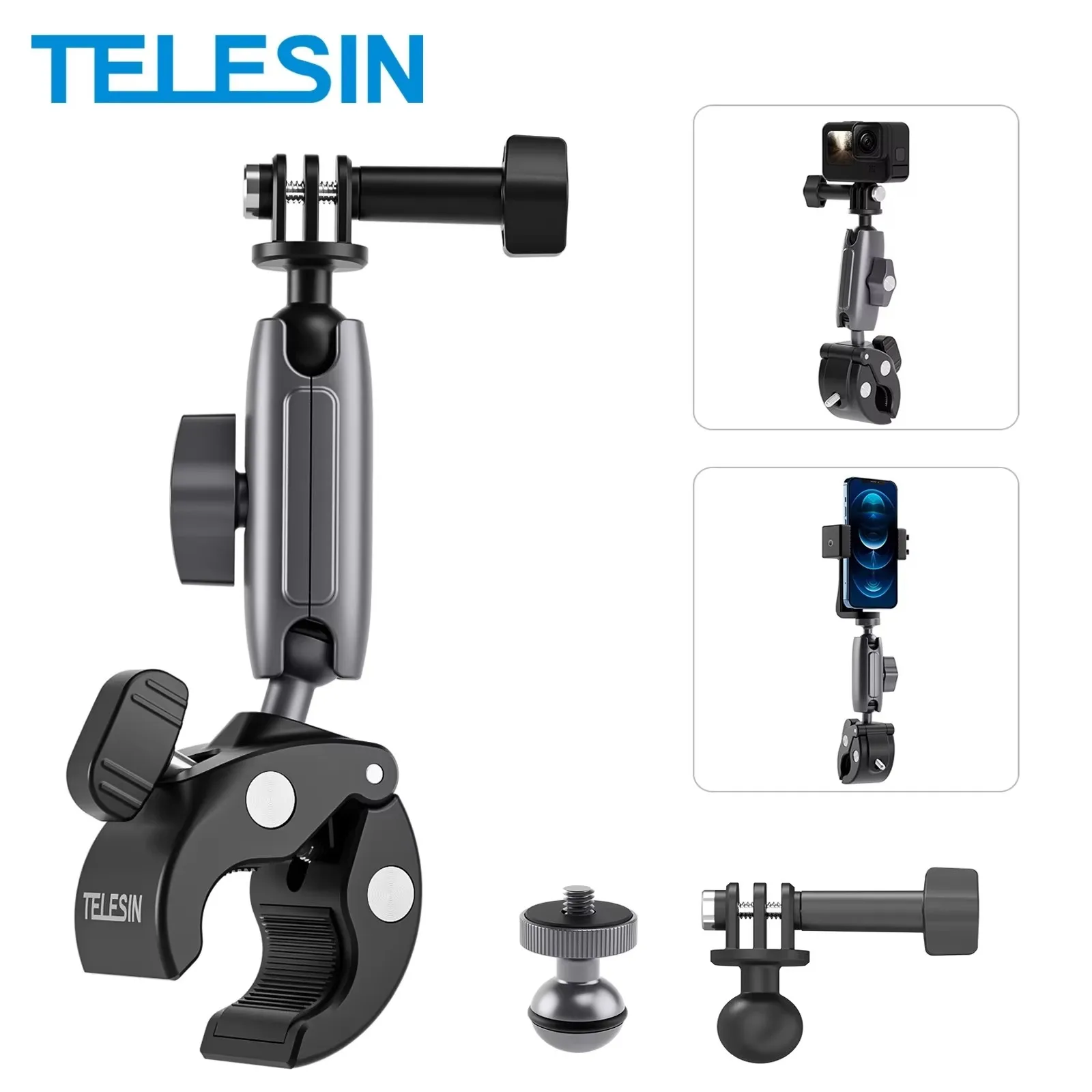 TELESIN Motorcycle Bicycle Rail Mount Clamp + 360° Ball Mount Clip For Gopro 13 12 DJI Action 5 4 3 Insta360 X4 For iPhone 16 15