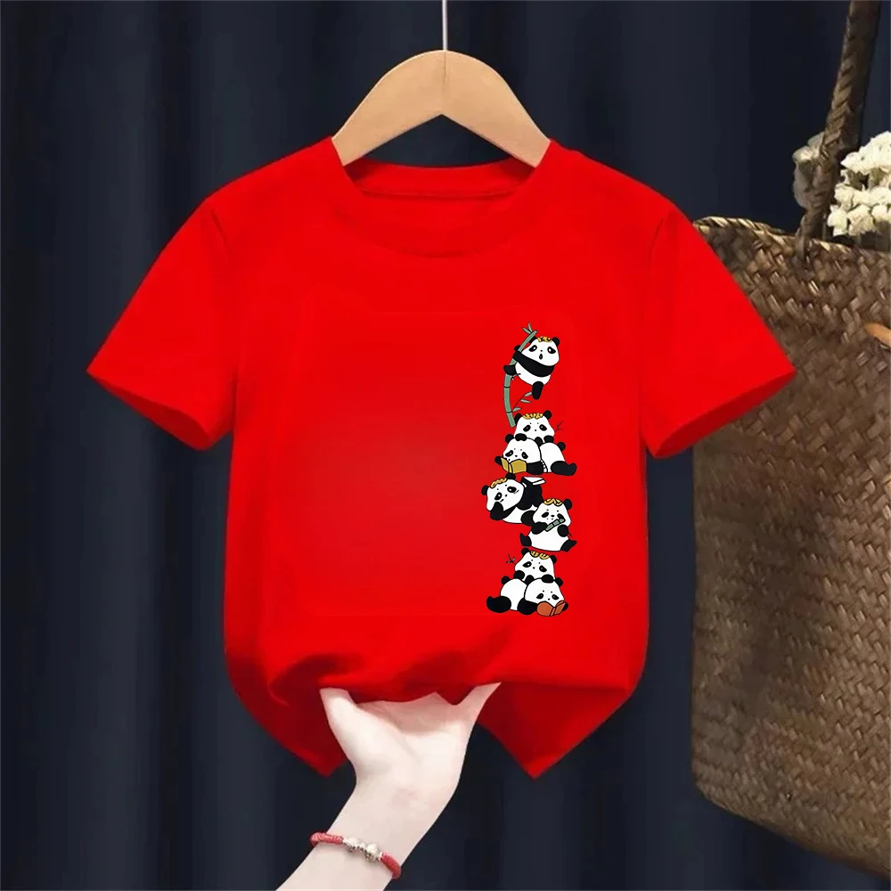 Cute Panda Print Kid Girls T-shirt Casual Short Sleeve Crew Neck Top for Summer & Spring 100% Cotton Clothing Fashion Tops