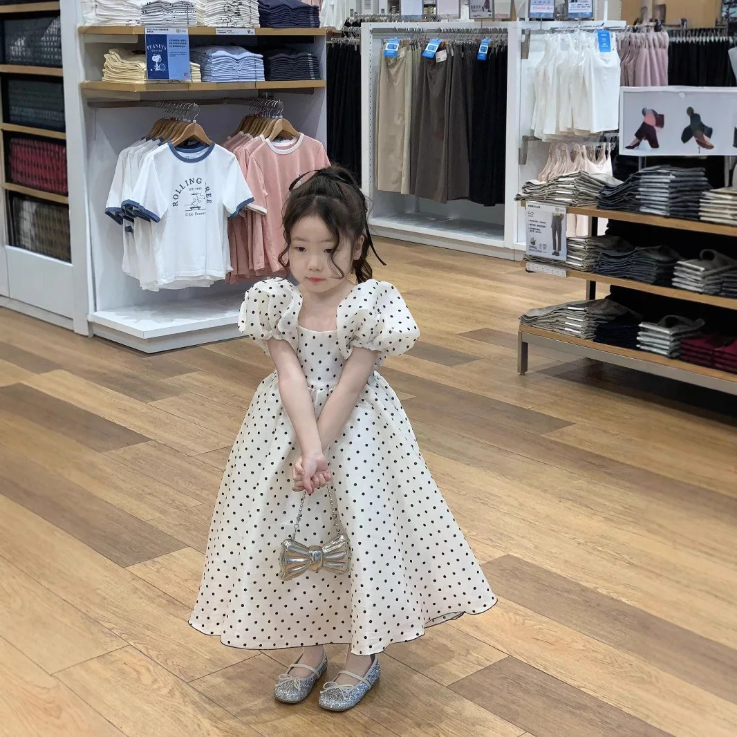 

2026 Summer New Polka Dot Dress Little Girl Bubble Sleeve Princess Fashion and Cute Kids Long Skirt