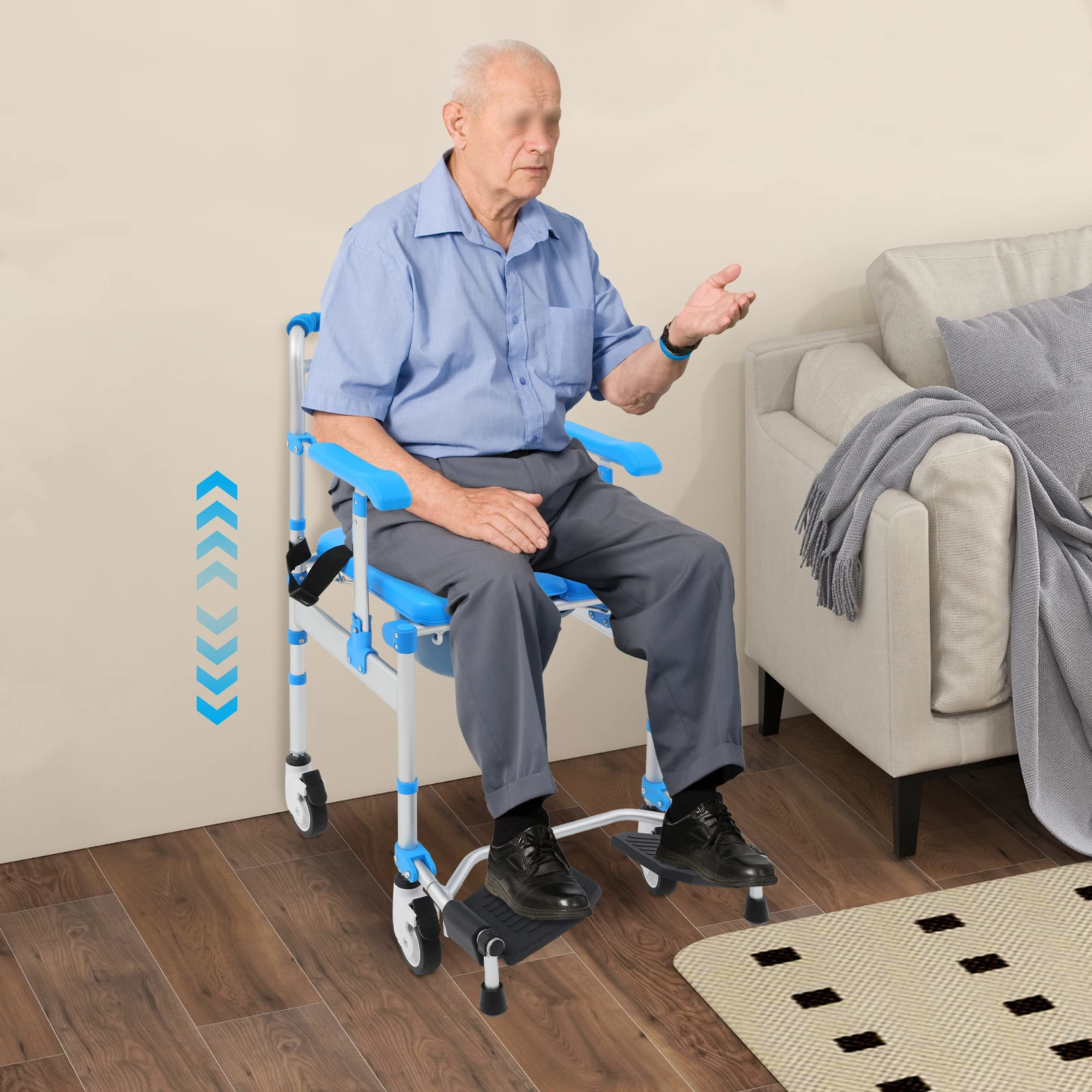 

Многофункциональная инвалидная коляска на колесиках, увеличивающая высоту для пожилых людей и инвалидов. Подходит для удобного туалета и купания.