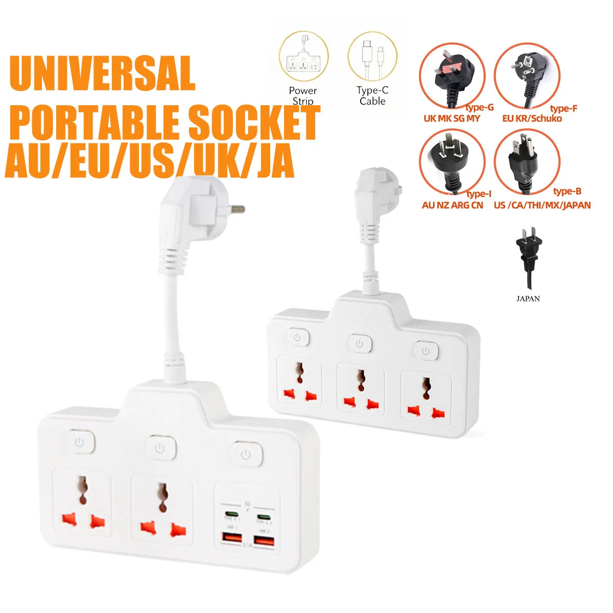FUNAYA Universal Wall Mounted Socket with USB A C EU US AU UK JAPAN Multi Plug Household Extension Cord Portable Travel Outlets