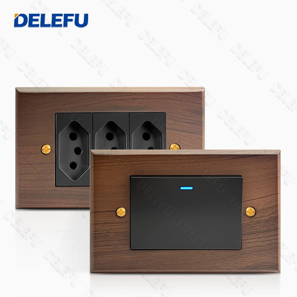 DELEFU 4x2 Solid Wood 10A 20A Brazil Standard  Wall Socket Fast Charging USB TypeC Retro Switch Black Module CAT6