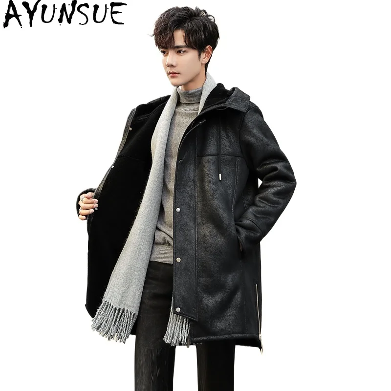 

AYUNSUE Fashion Men's Fur Parkas Winter Mid-length 100% Wool Coats for Man Hooded Raccoon Fur Collar Suede Jacket Wool Lining